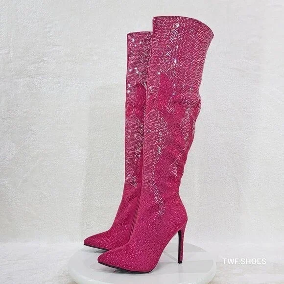 NIB Like It Hot Fuchsia Rhinestone Flame Detail Sexy OTK High Heel Thigh Boots - Picture 10 of 12